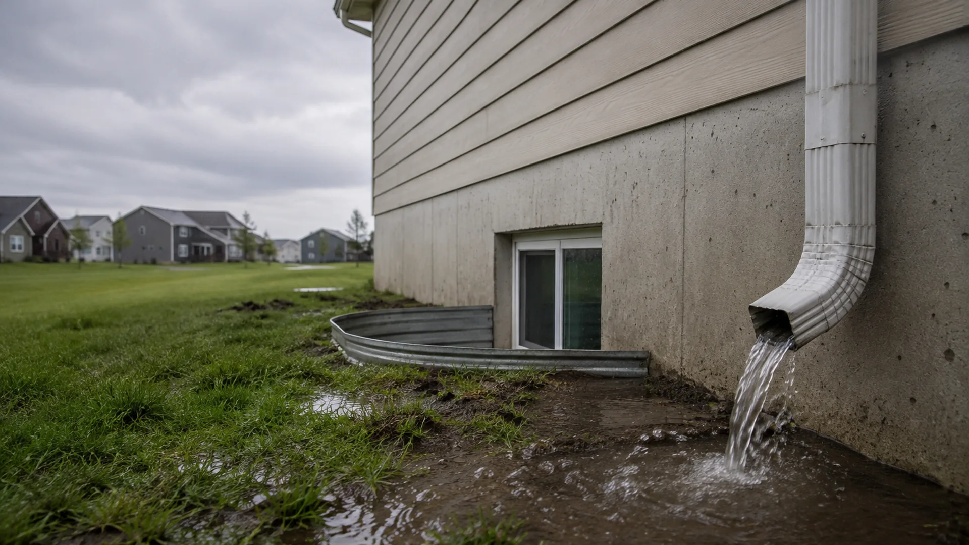 Water pooling near a basement foundation