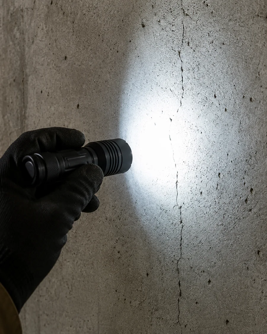 Inspecting a basement foundation wall with a flashlight